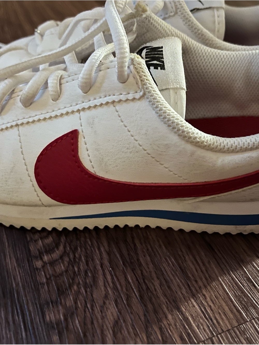 Nike White Sneaker with Red Swoosh and Blue Accent